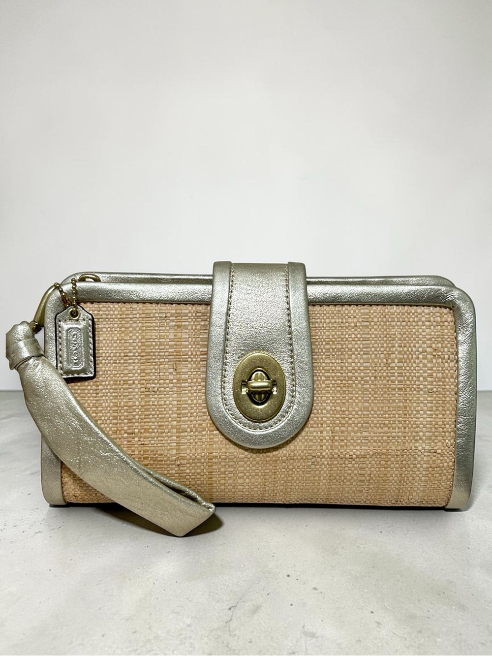 COACH Parker Natural Straw and Gold Metallic Leather Wristlet/Clutch NWT